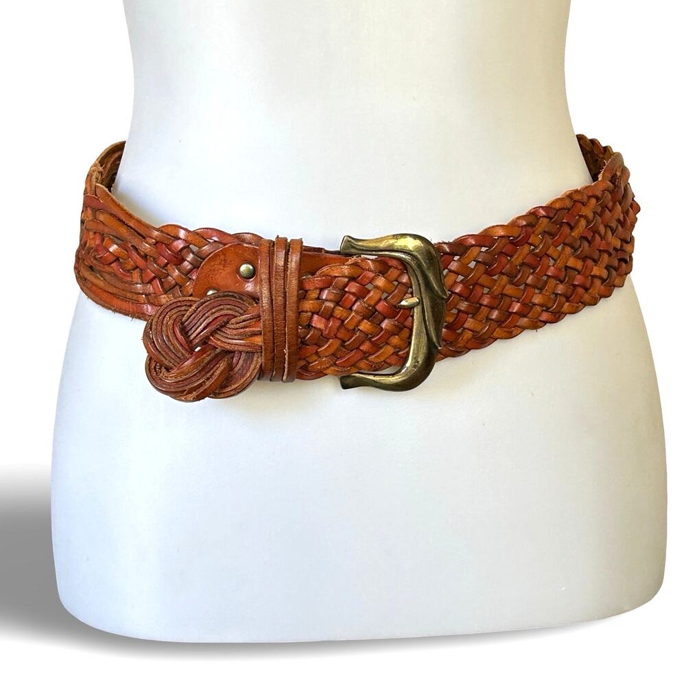 VTG 80s/90s Italian Leather Braided Belt Gold Tone Buckle S